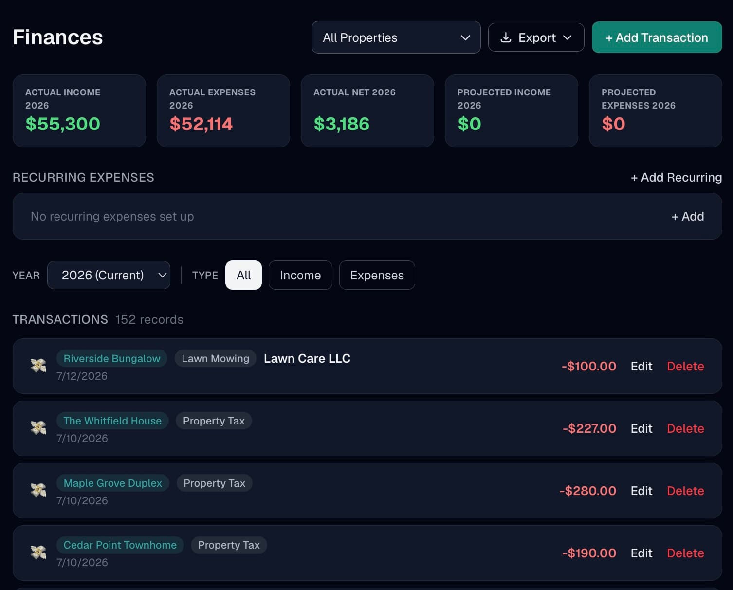 Yenavi finances page in dark mode showing actual income, expenses, net, and a transaction ledger